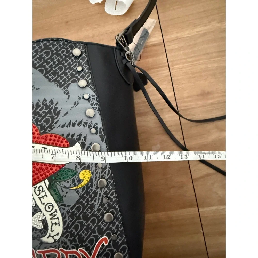 Ed Hardy Love Kills Slowly Crossbody Bag Black Grey Rhinestone Studded NWT